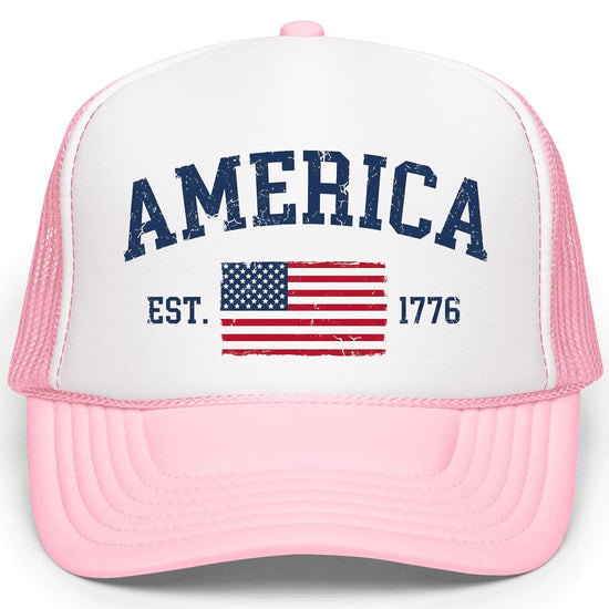Side view of patriotic trucker hat displaying structured foam front and mesh panels