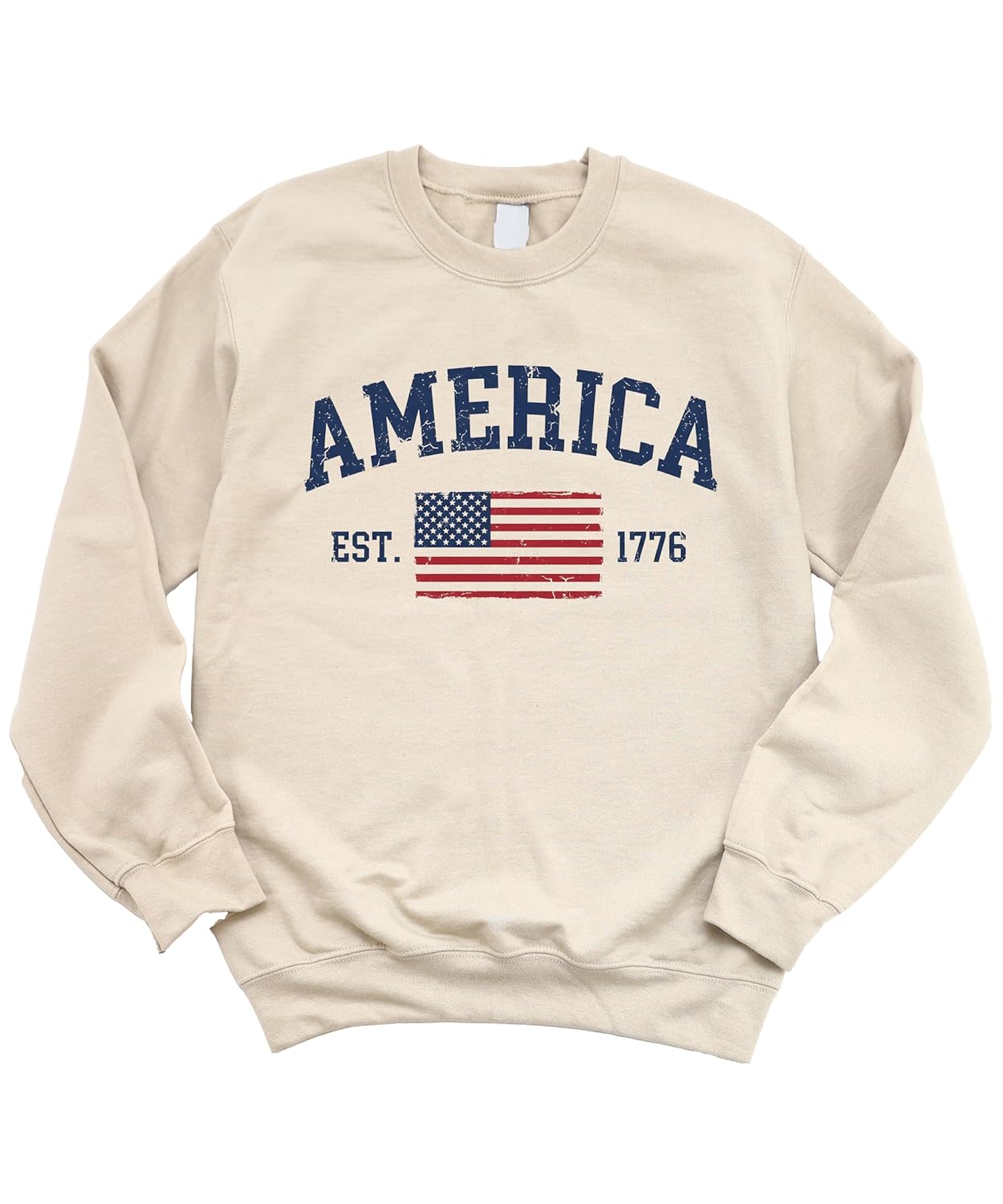 America Est 1776 sweatshirt flat lay displaying vintage patriotic graphic and crewneck style