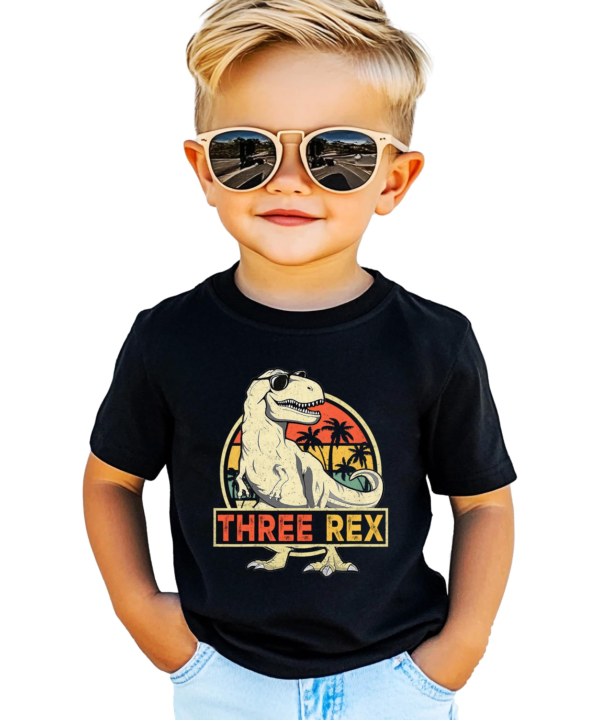 Side view of child in Three Rex birthday dinosaur t-shirt