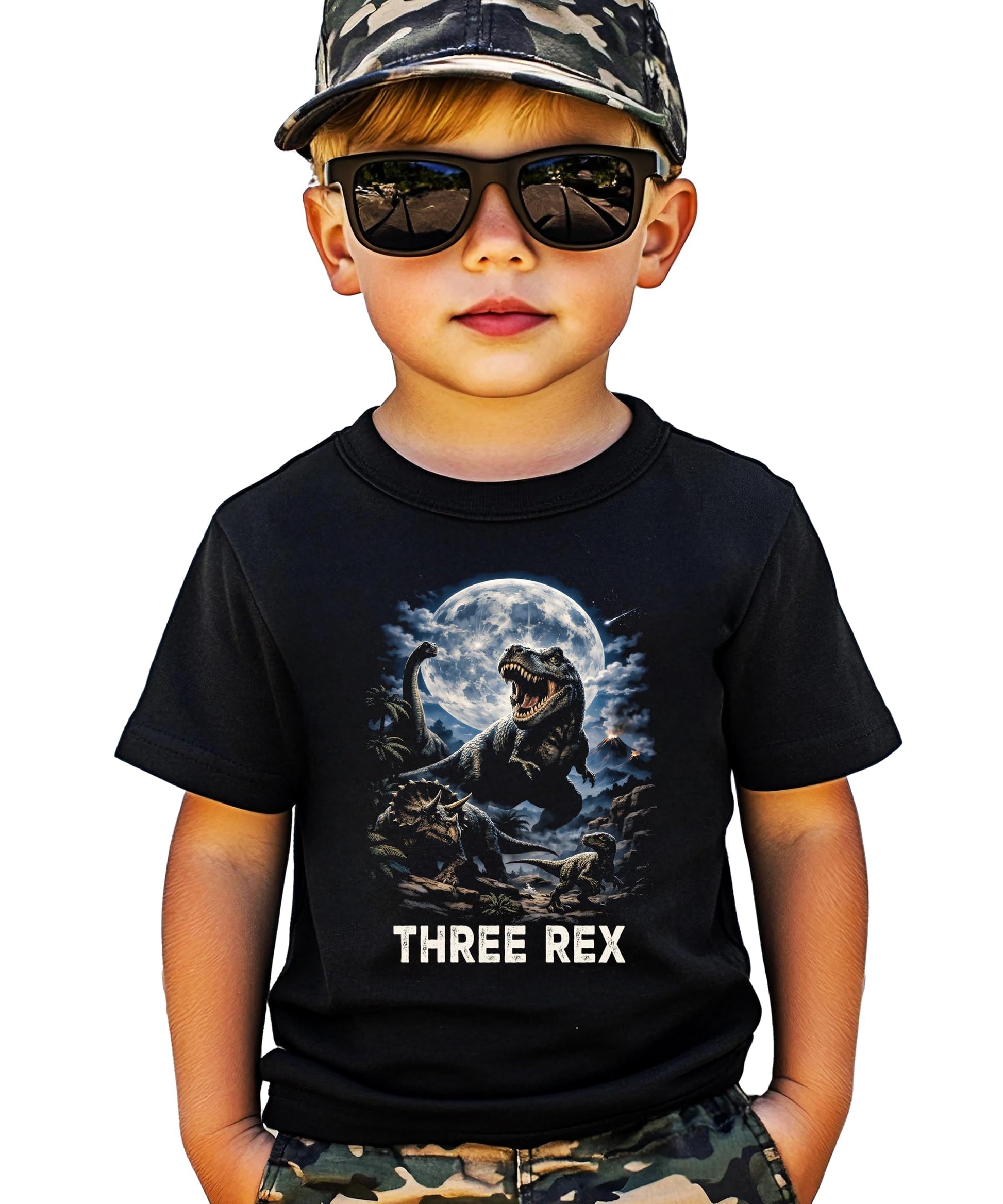 Close-up of Three Rex dinosaur birthday shirt showing detailed T-Rex print quality
