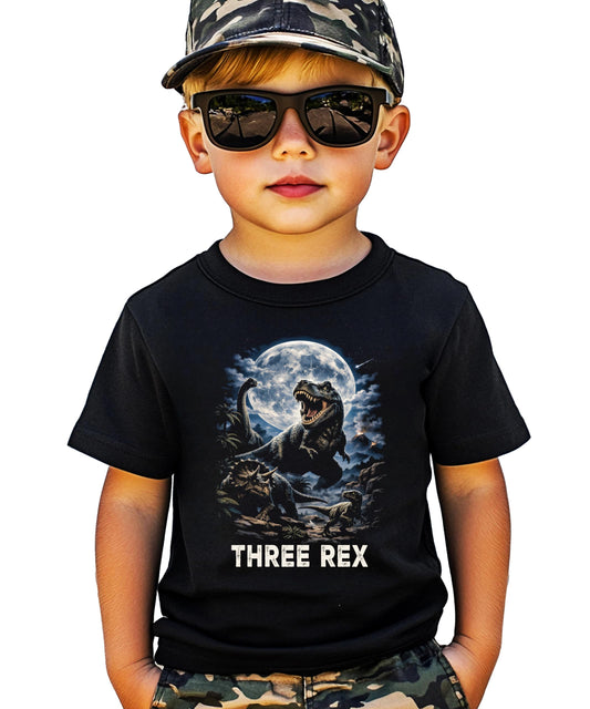 Close-up of Three Rex dinosaur birthday shirt showing detailed T-Rex print quality