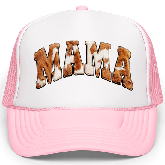 Close-up detail of cowhide texture print and Howdy lettering on trucker hat front panel