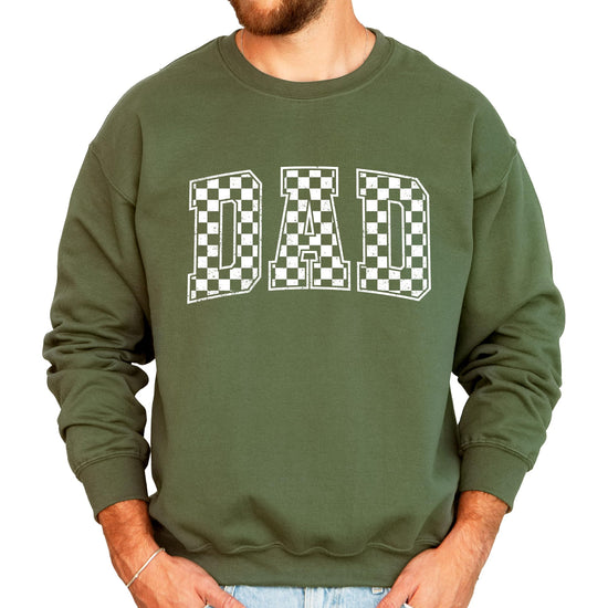 Side view of Dad checkered graphic sweatshirt displaying fit and sleeve length