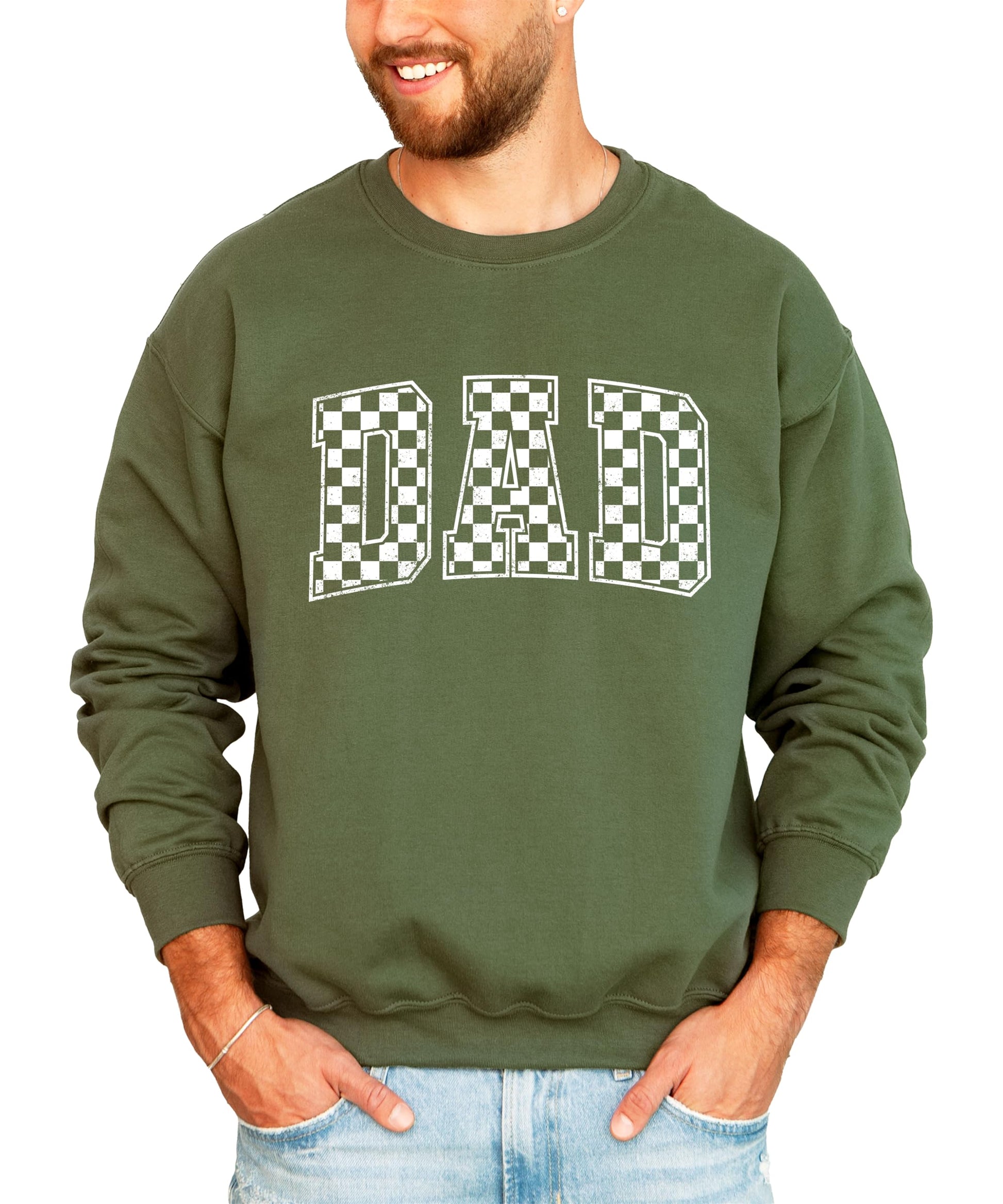 Side view of Dad checkered graphic sweatshirt displaying fit and sleeve length