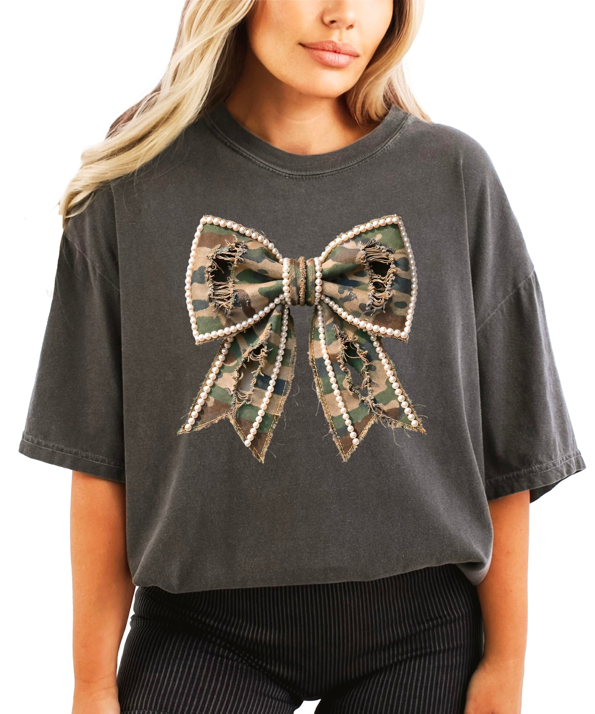 Side view of camo and pearls bow graphic shirt showing print detail
