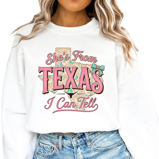 Side angle view of women's Texas cowgirl pullover sweatshirt in army green color