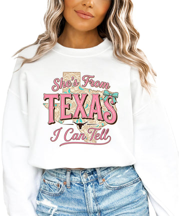 Side angle view of women's Texas cowgirl pullover sweatshirt in army green color