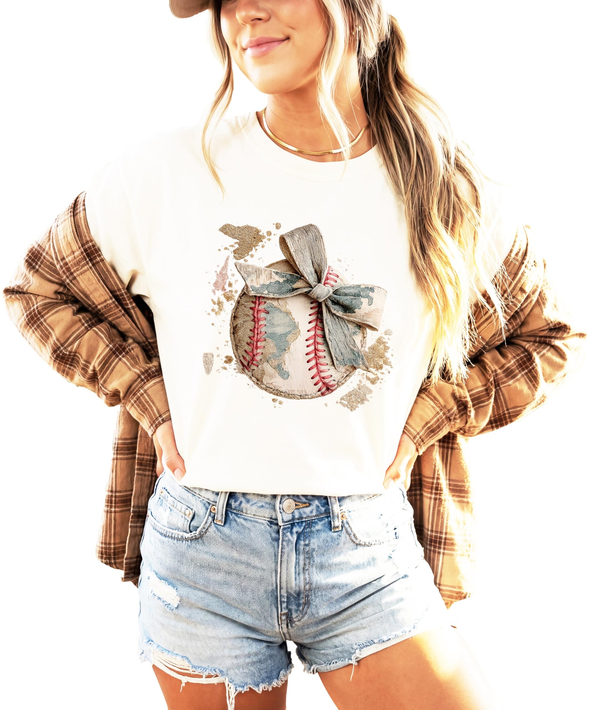 Women's baseball mom shirt laid flat showing full design with camo bow and baseball elements