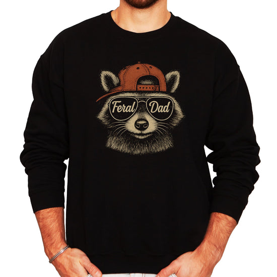 Black sweatshirt with funny Feral Dad raccoon graphic wearing sunglasses and hat