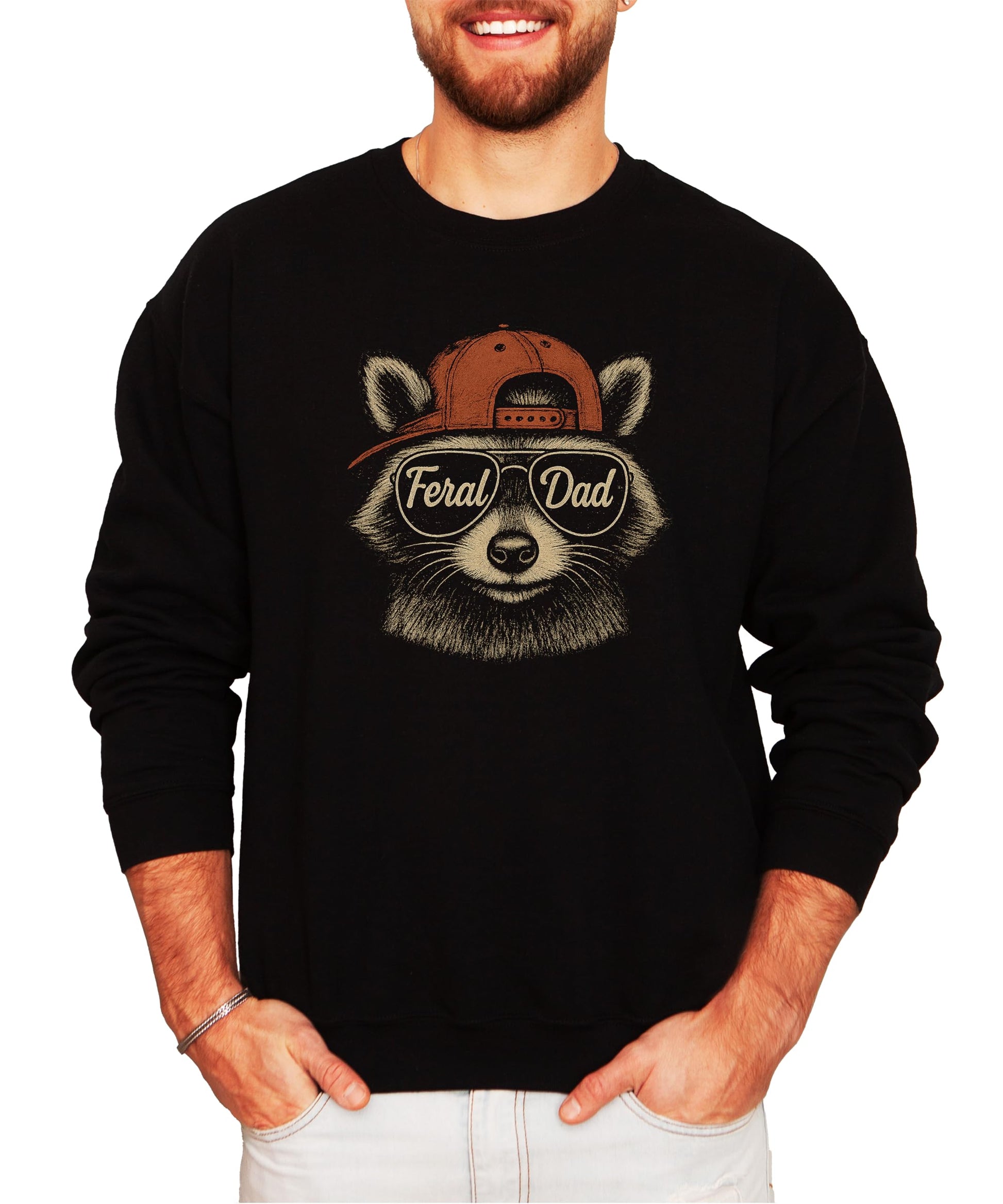 Black sweatshirt with funny Feral Dad raccoon graphic wearing sunglasses and hat