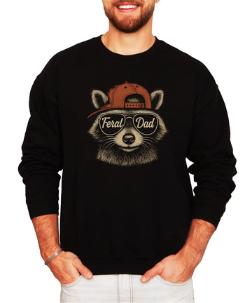 Black sweatshirt with funny Feral Dad raccoon graphic wearing sunglasses and hat