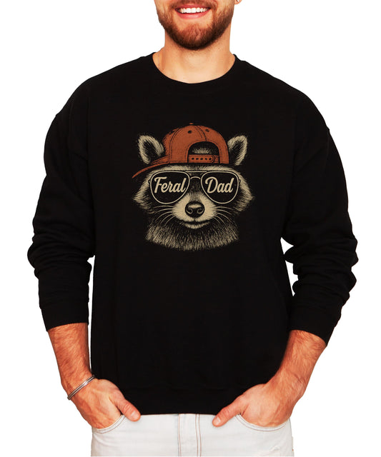 Black sweatshirt with funny Feral Dad raccoon graphic wearing sunglasses and hat