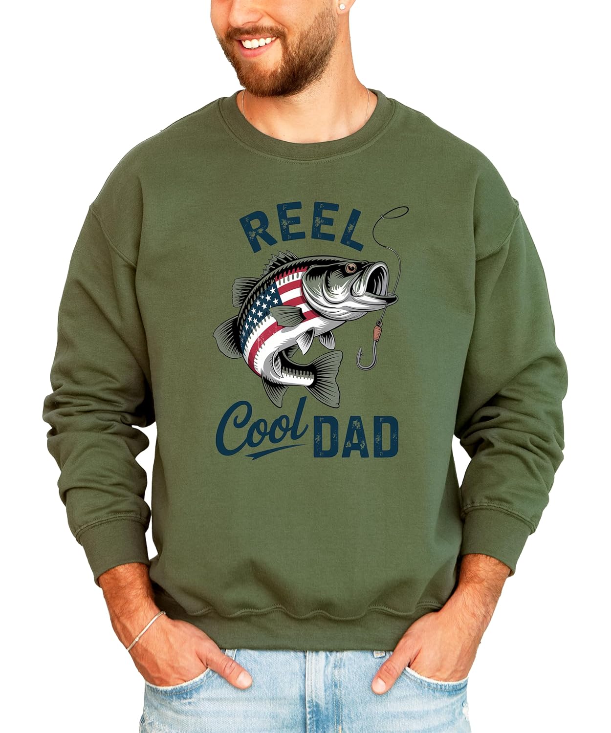 Reel Cool Dad fishing sweatshirt in sand color with patriotic bass graphic on male model