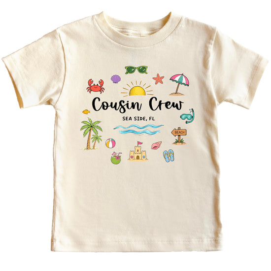 Natural colored Cousin Crew Sea Side FL beach shirt with palm trees and coastal graphics