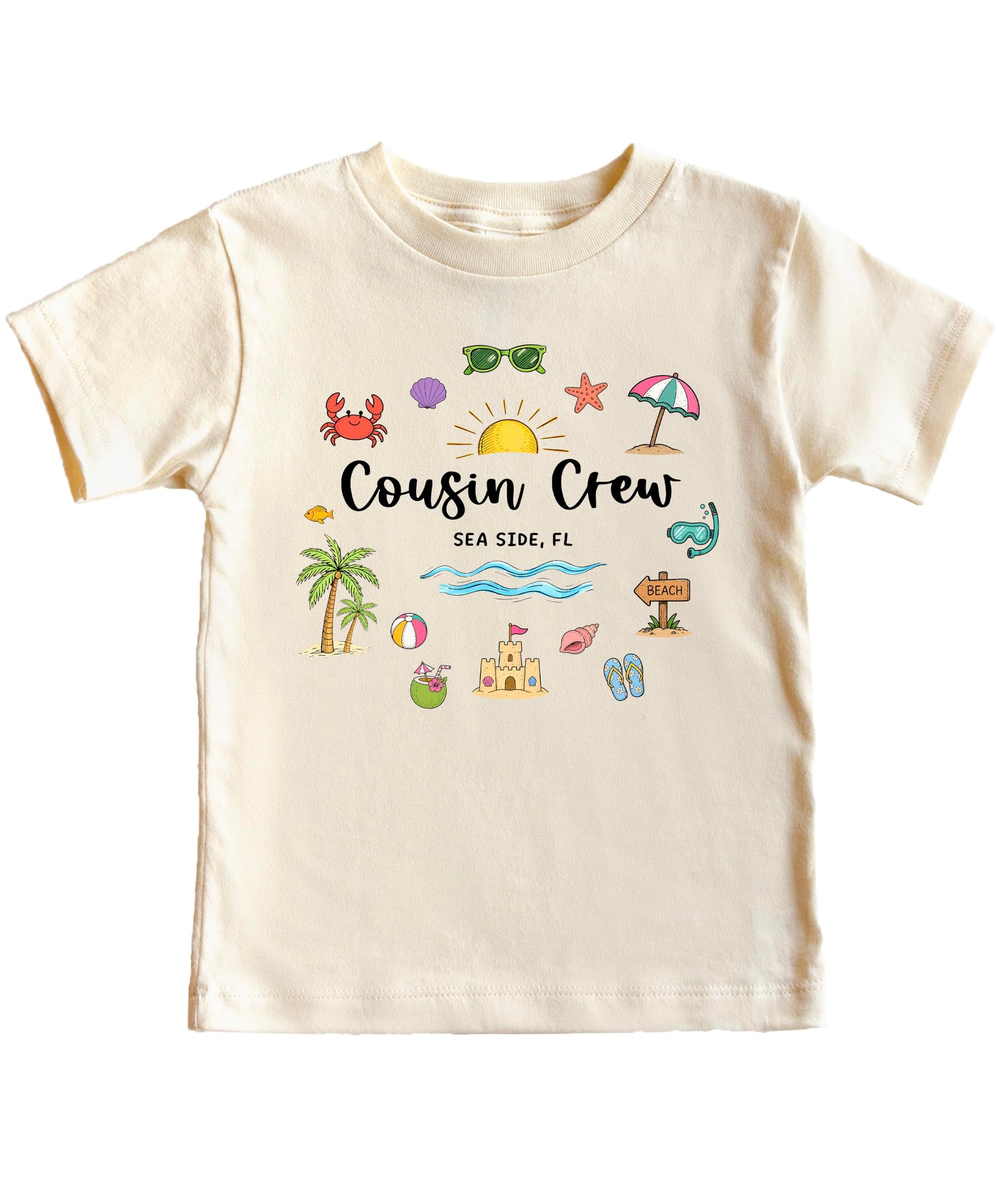 Natural colored Cousin Crew Sea Side FL beach shirt with palm trees and coastal graphics