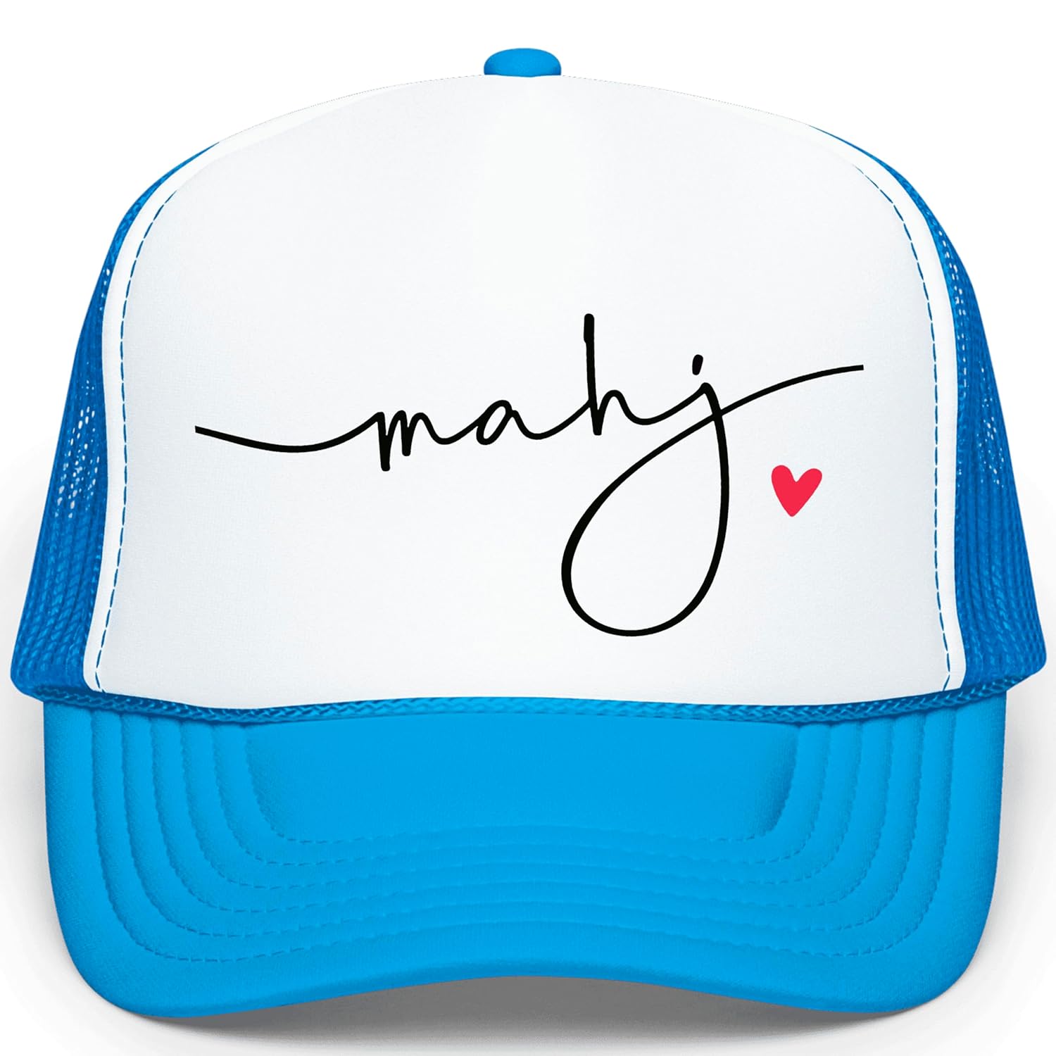 Close-up of mahj script lettering with small red heart on white trucker hat foam front