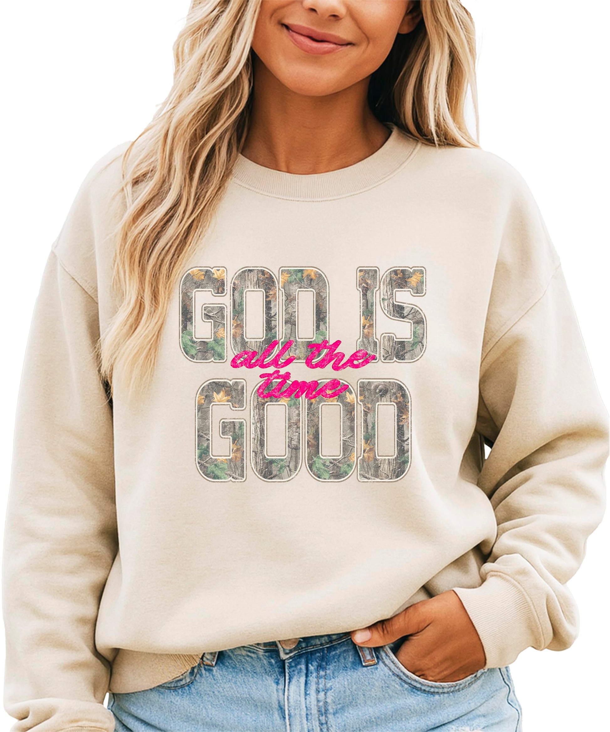 Side view of women's pullover sweatshirt showing fit and style