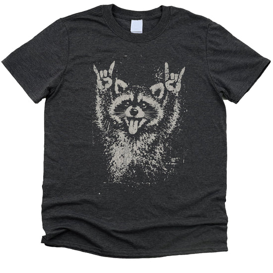 Vintage raccoon graphic tee lifestyle shot displaying distressed screen print design with rock and roll theme