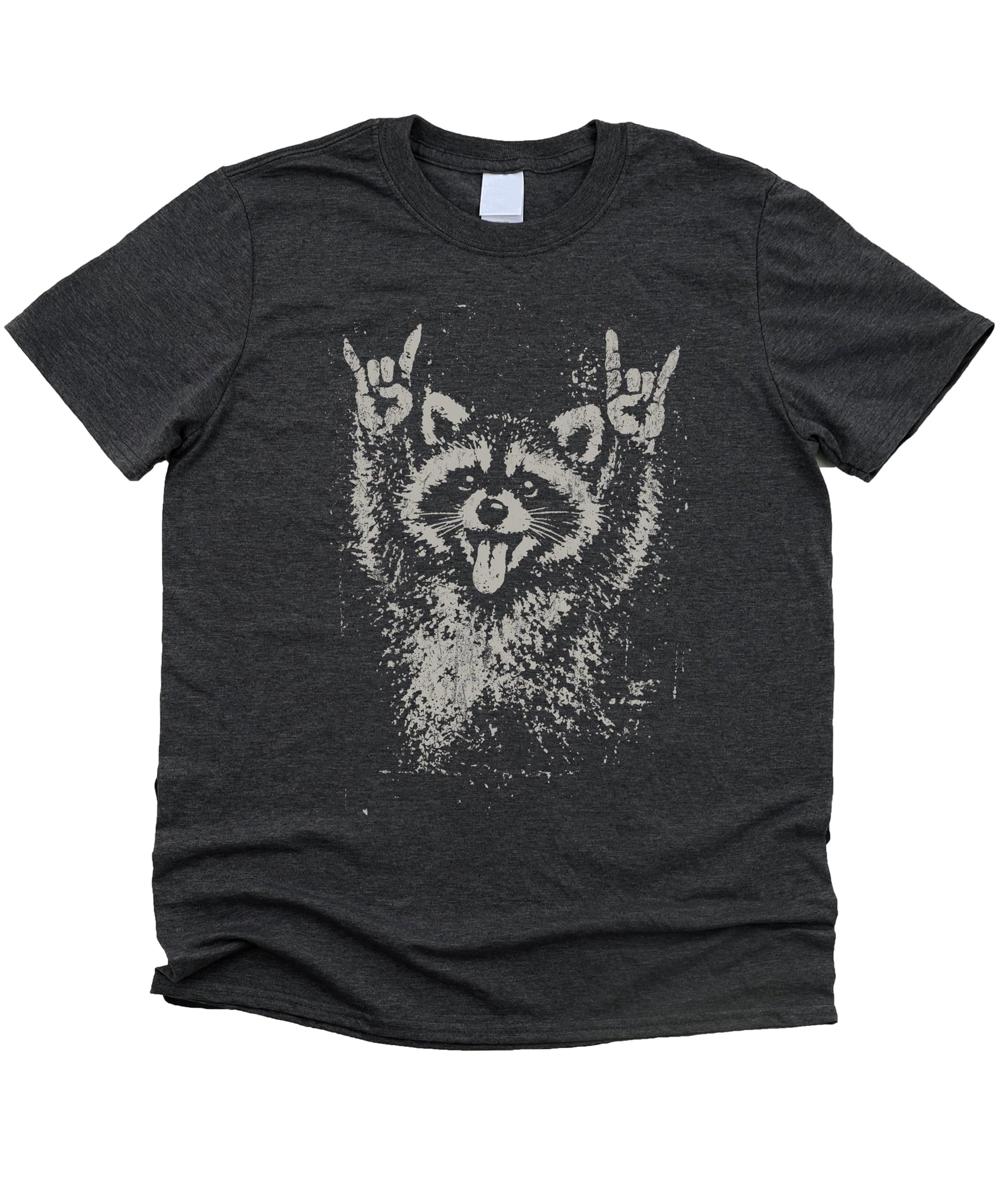 Vintage raccoon graphic tee lifestyle shot displaying distressed screen print design with rock and roll theme