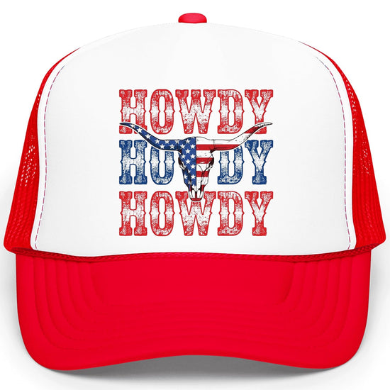 Close-up of distressed American flag bull skull Howdy typography design