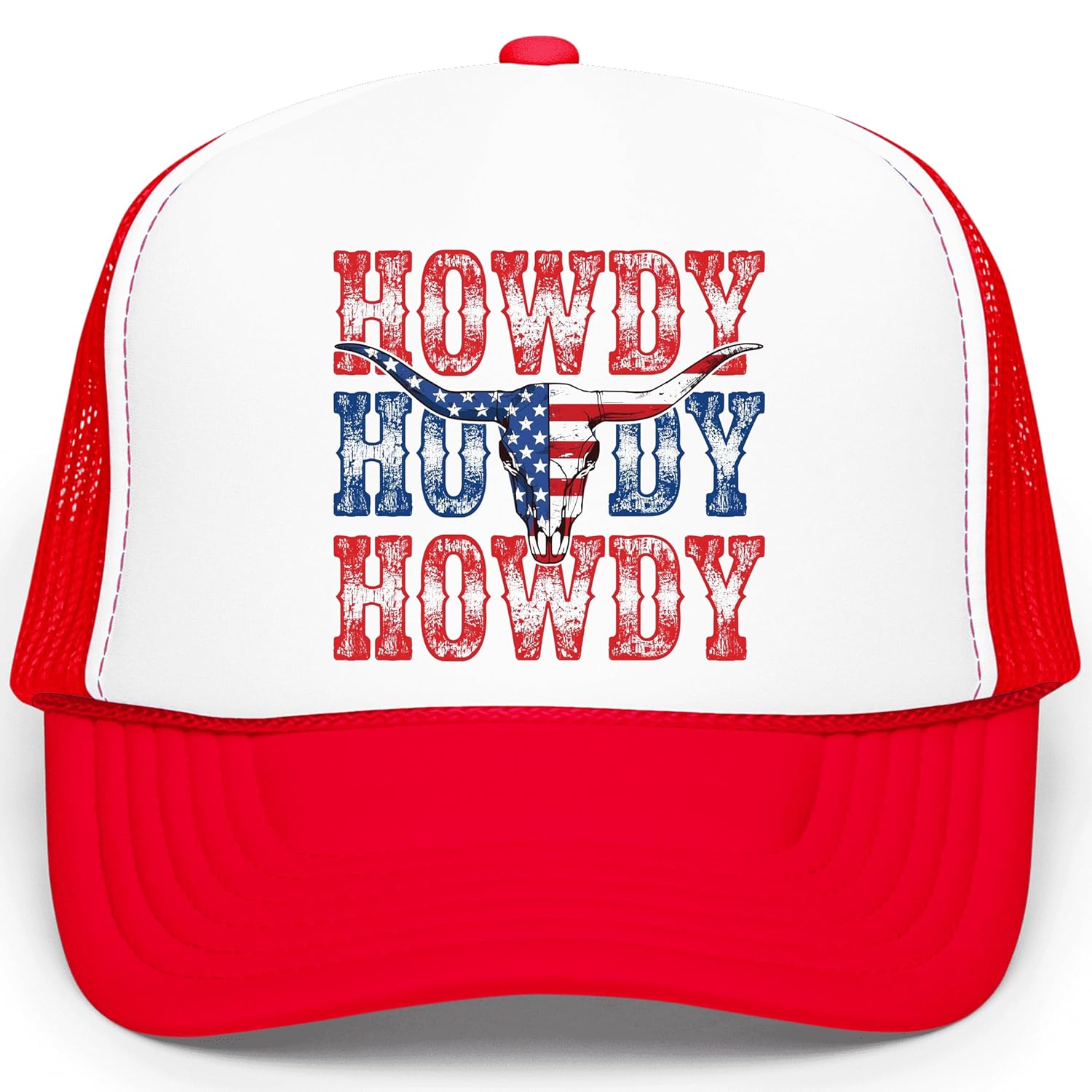 Close-up of distressed American flag bull skull Howdy typography design
