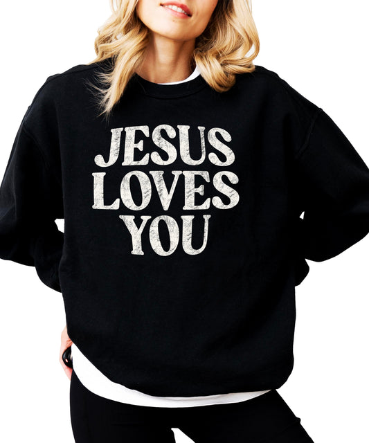 Woman wearing Jesus Loves You christian faith sweatshirt pullover