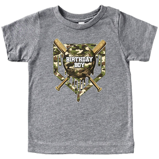 Close-up view of camo baseball birthday design print on boys shirt