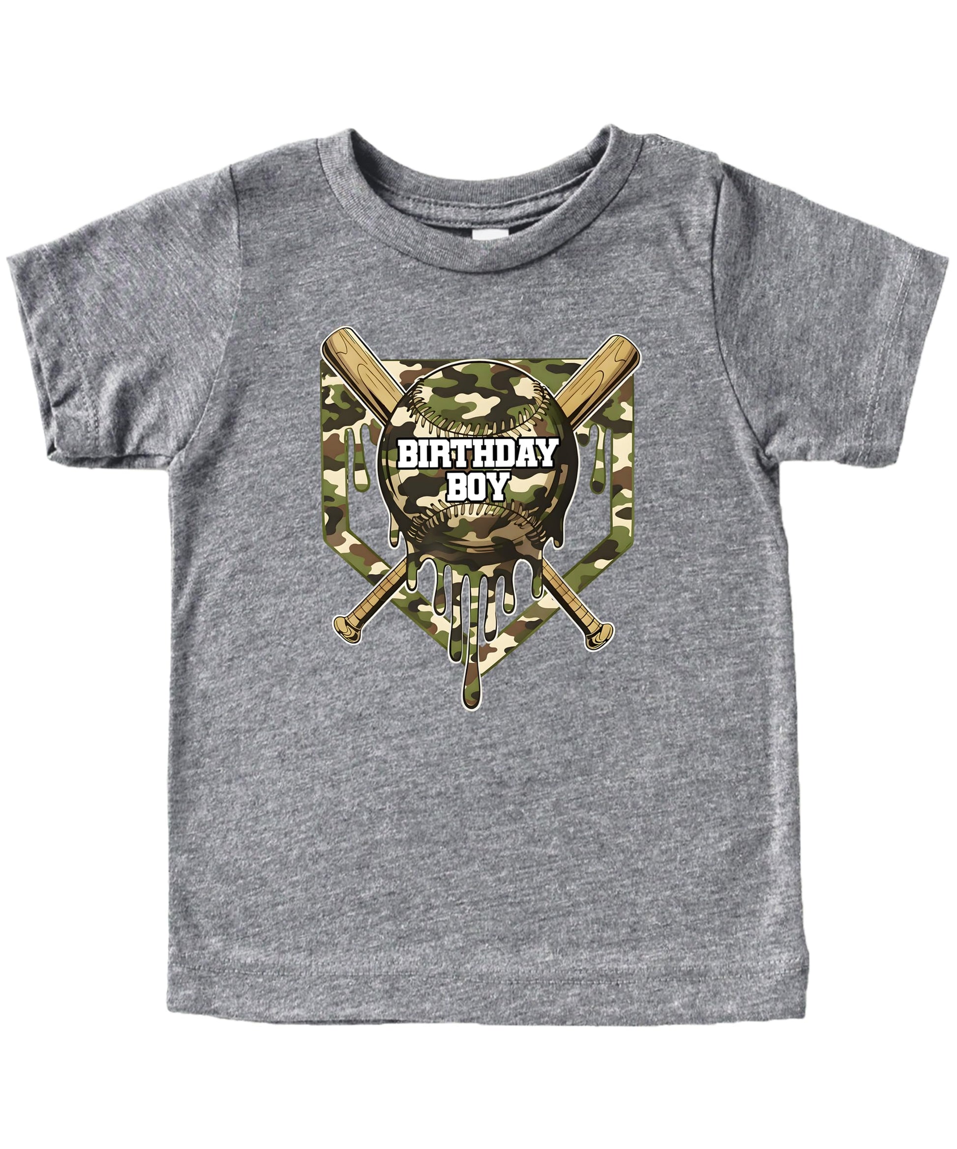 Close-up view of camo baseball birthday design print on boys shirt