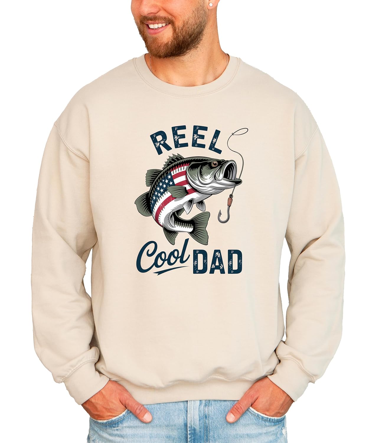 Close-up of vintage American flag bass fish graphic with Reel Cool Dad text on sweatshirt