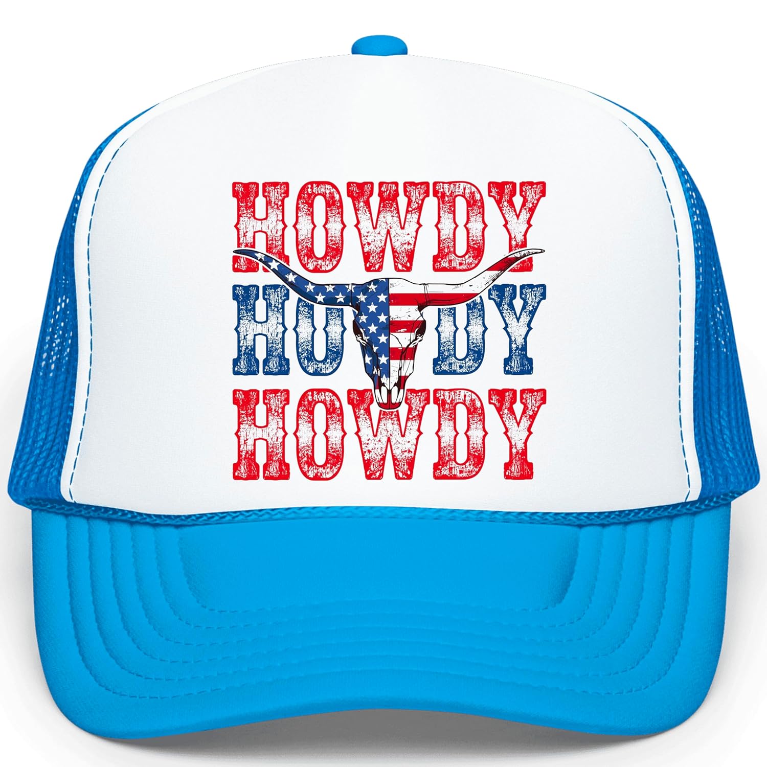Side angle view of patriotic western snapback hat showing mesh back panel