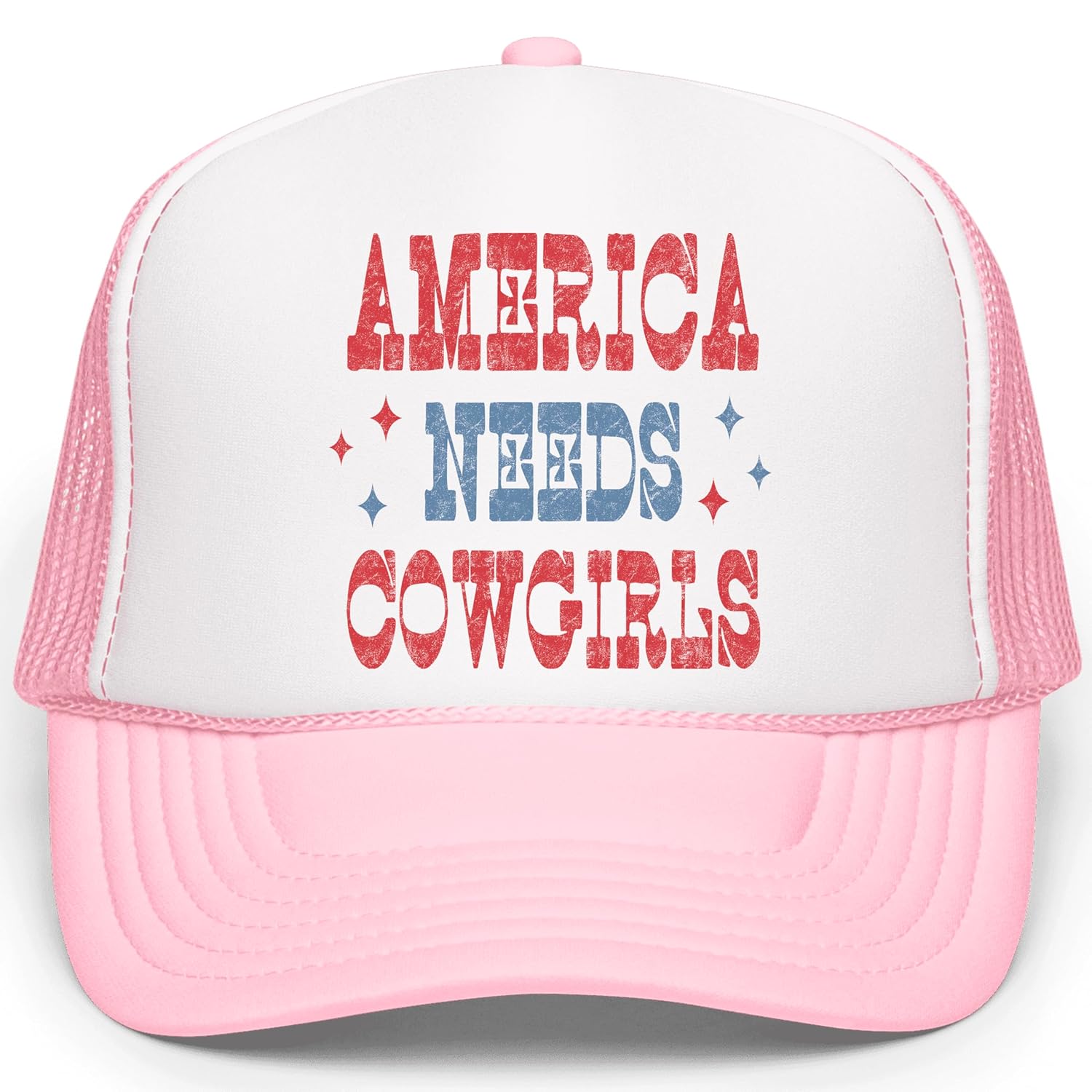 Close-up of America Needs Cowgirls hat typography showing distressed red lettering with blue accents and sparkle stars