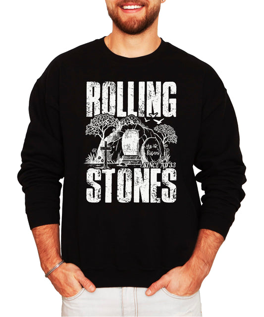 Close-up of He Is Risen Since AD 33 text and empty tomb graphic print on sweatshirt