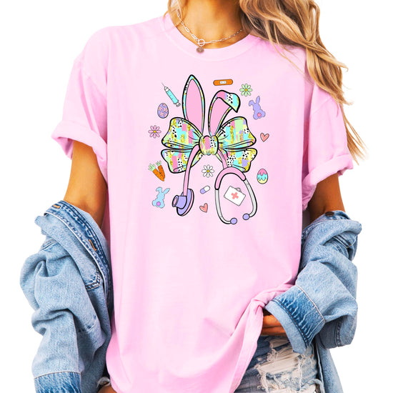 Alternative view of Easter nurse graphic tee showing shirt color and design details