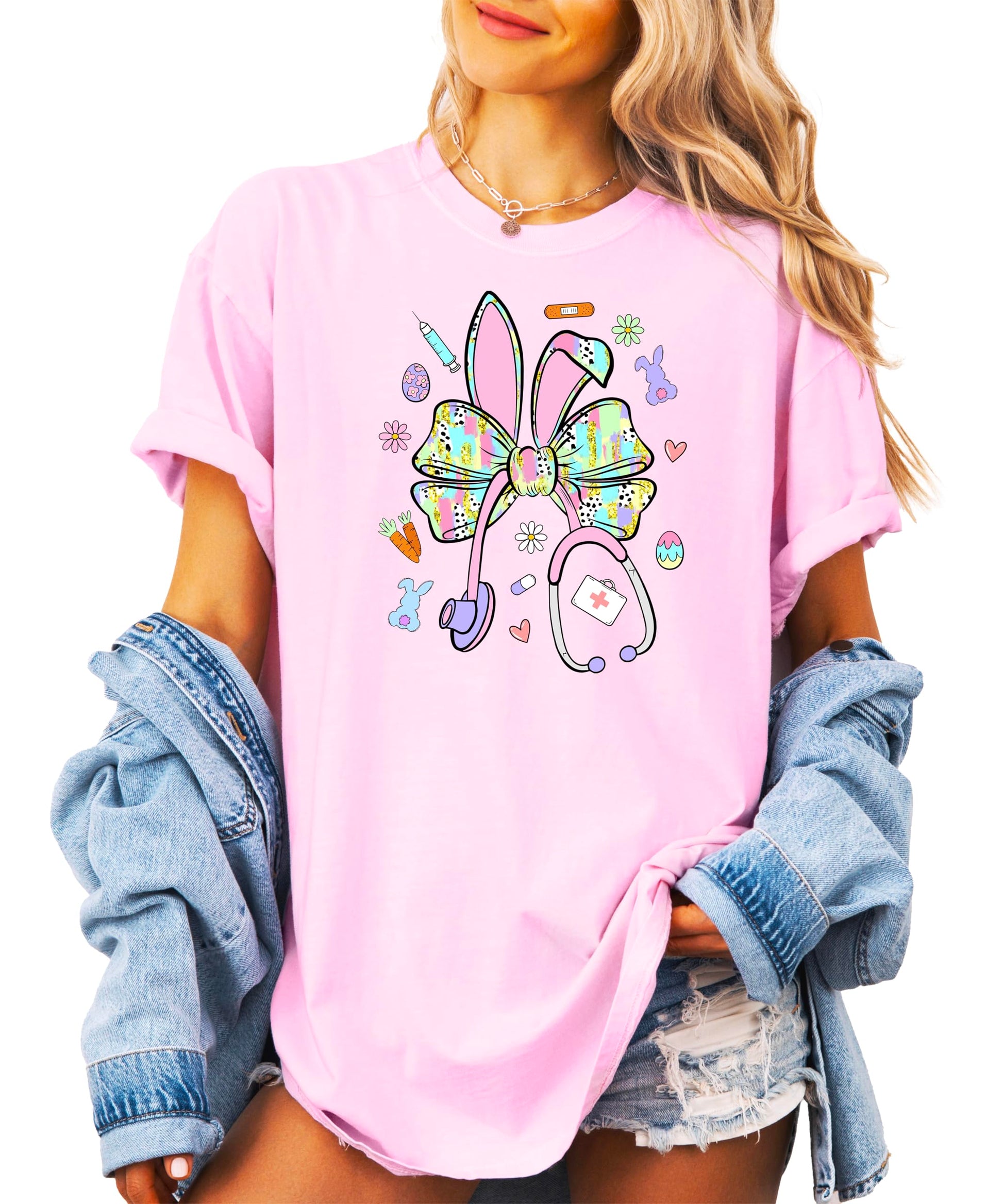 Alternative view of Easter nurse graphic tee showing shirt color and design details