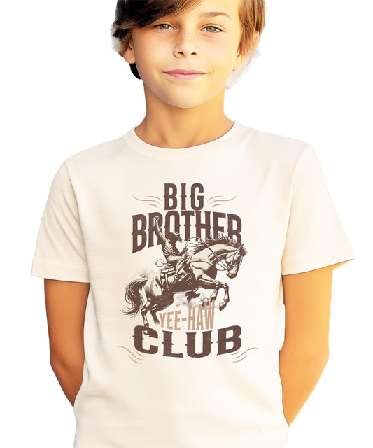 Close-up view of Big Brother Club shirt showing western typography and design details