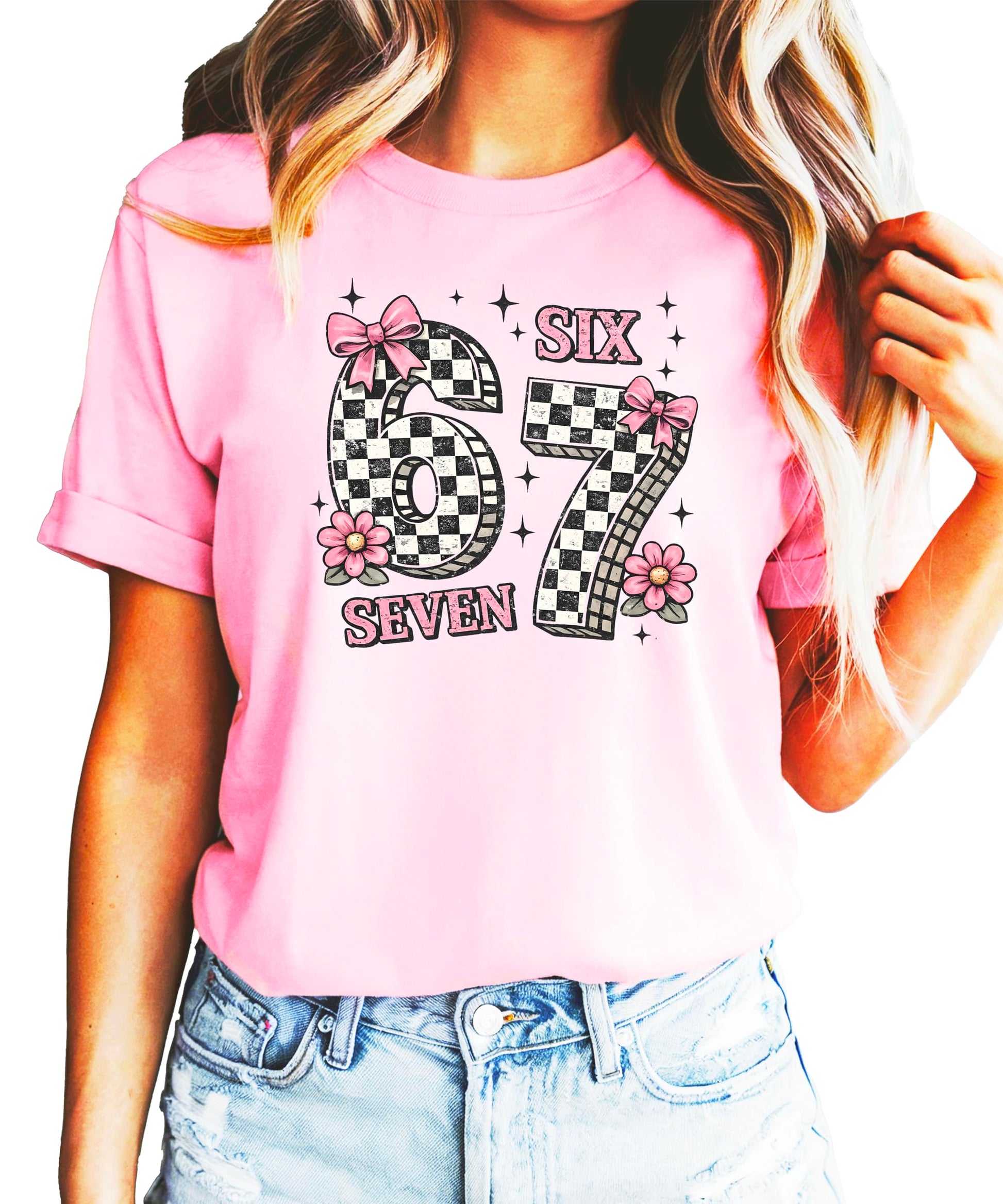 Close up of Six Seven checkered numbers with pink ribbon bows birthday shirt