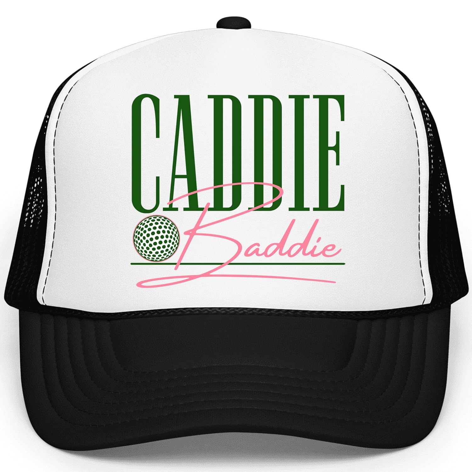 Caddie Baddie white and black trucker hat with green collegiate lettering and pink script on foam front panel