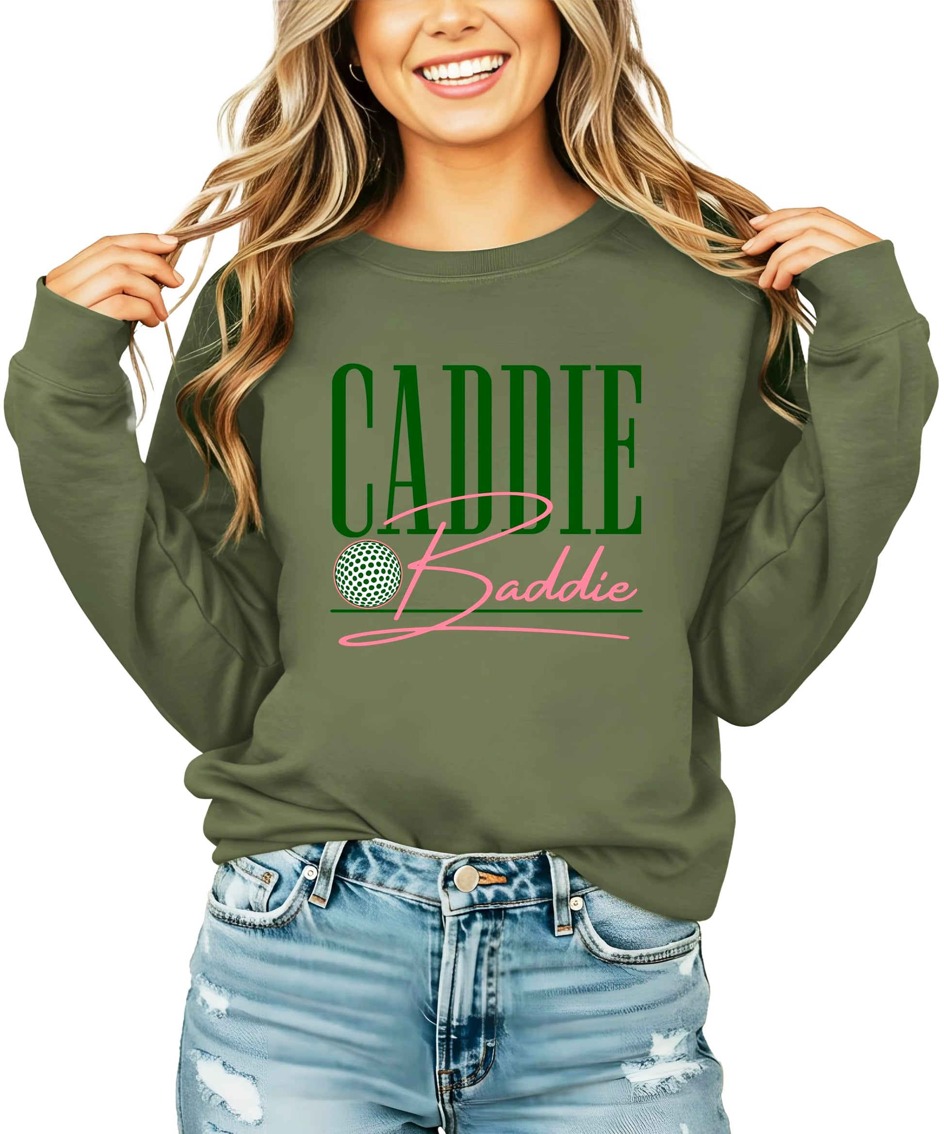 Army green Caddie Baddie crewneck sweatshirt with white text graphic for women