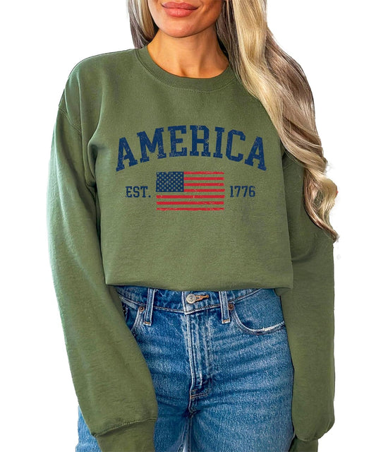 America Est 1776 Sweatshirt - Patriotic USA Flag 4th of July Pullover