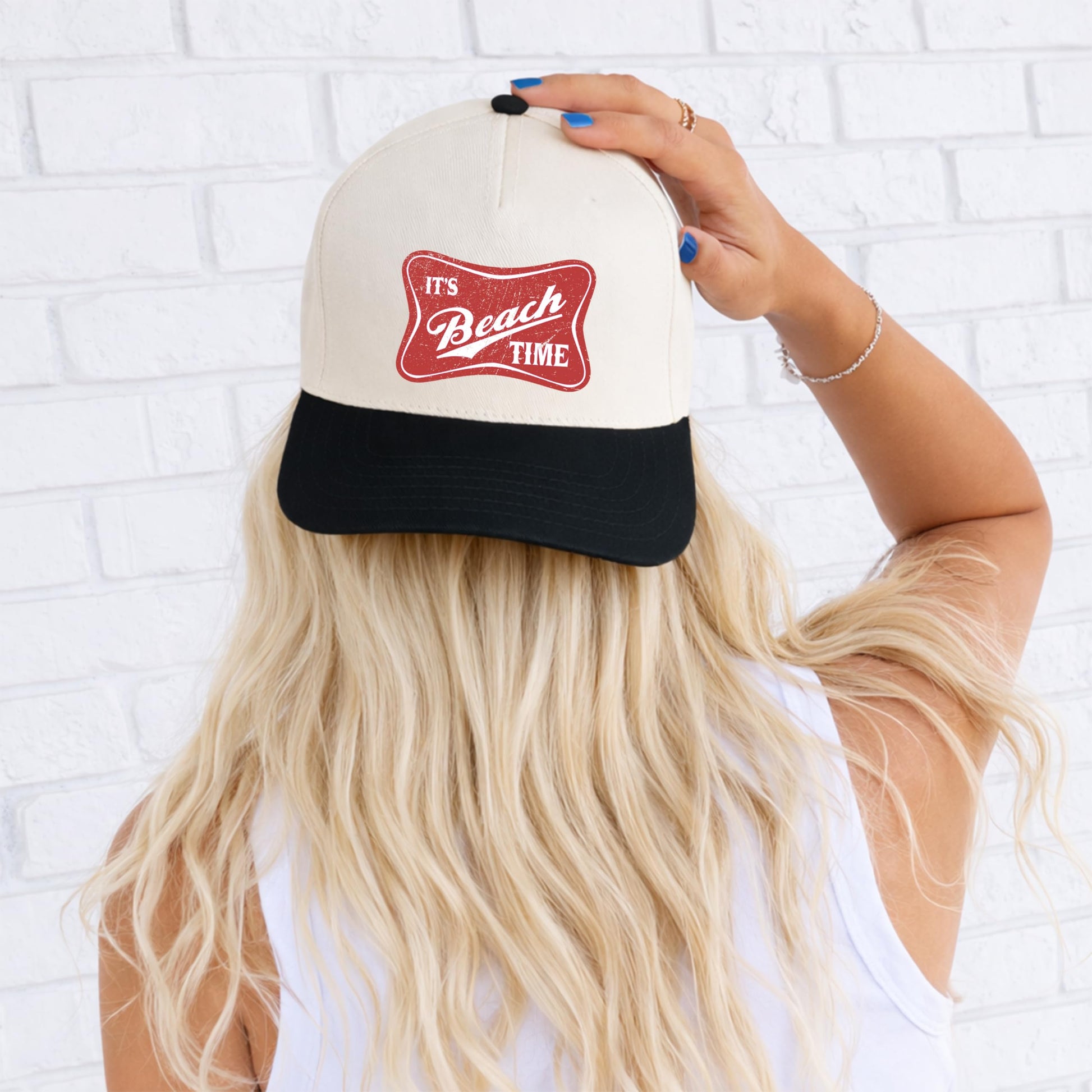It's Beach Time vintage hat worn by model showing fit and style for summer beach outings