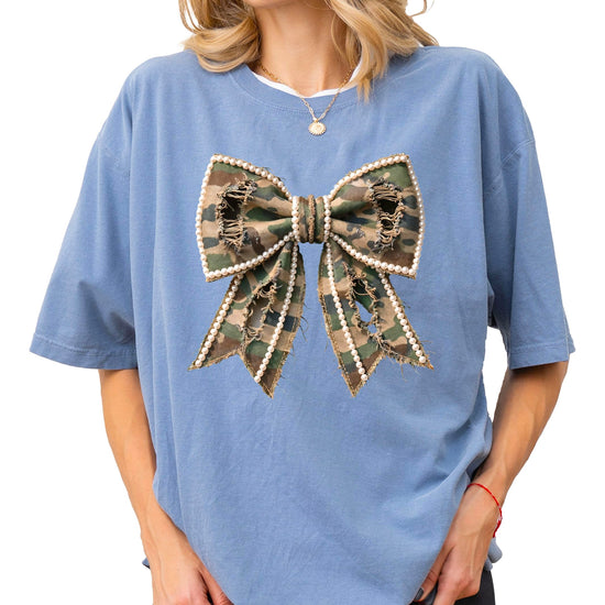 Blue denim shirt with camo and pearls bow graphic print design for women