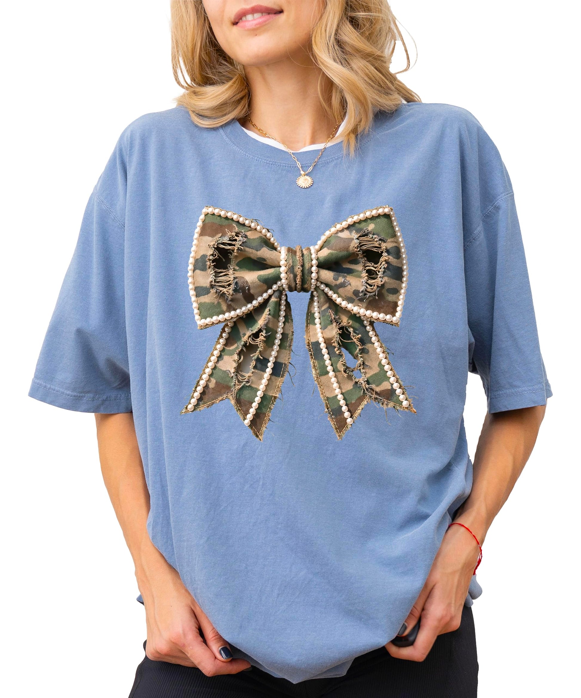 Blue denim shirt with camo and pearls bow graphic print design for women