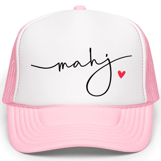 Back view of mahj trucker hat showing white mesh panels and adjustable snapback closure