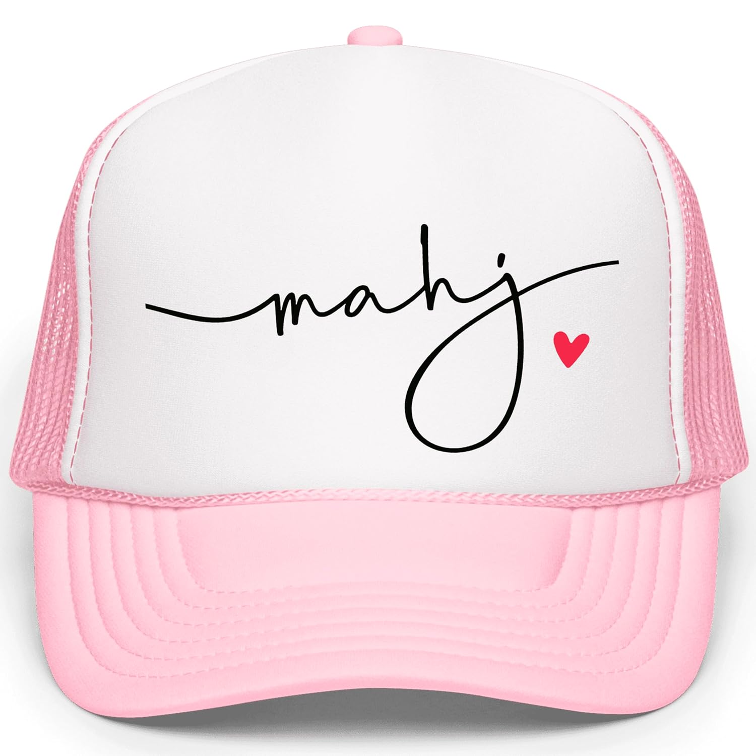 Back view of mahj trucker hat showing white mesh panels and adjustable snapback closure