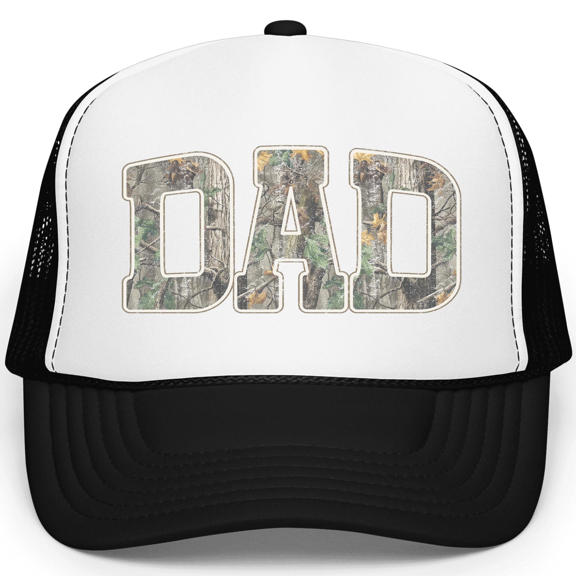 Close-up of woodland camouflage Dad lettering with white outline on trucker hat