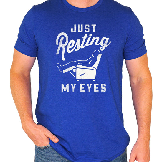 Detail shot of distressed vintage print quality on Just Resting My Eyes dad tee