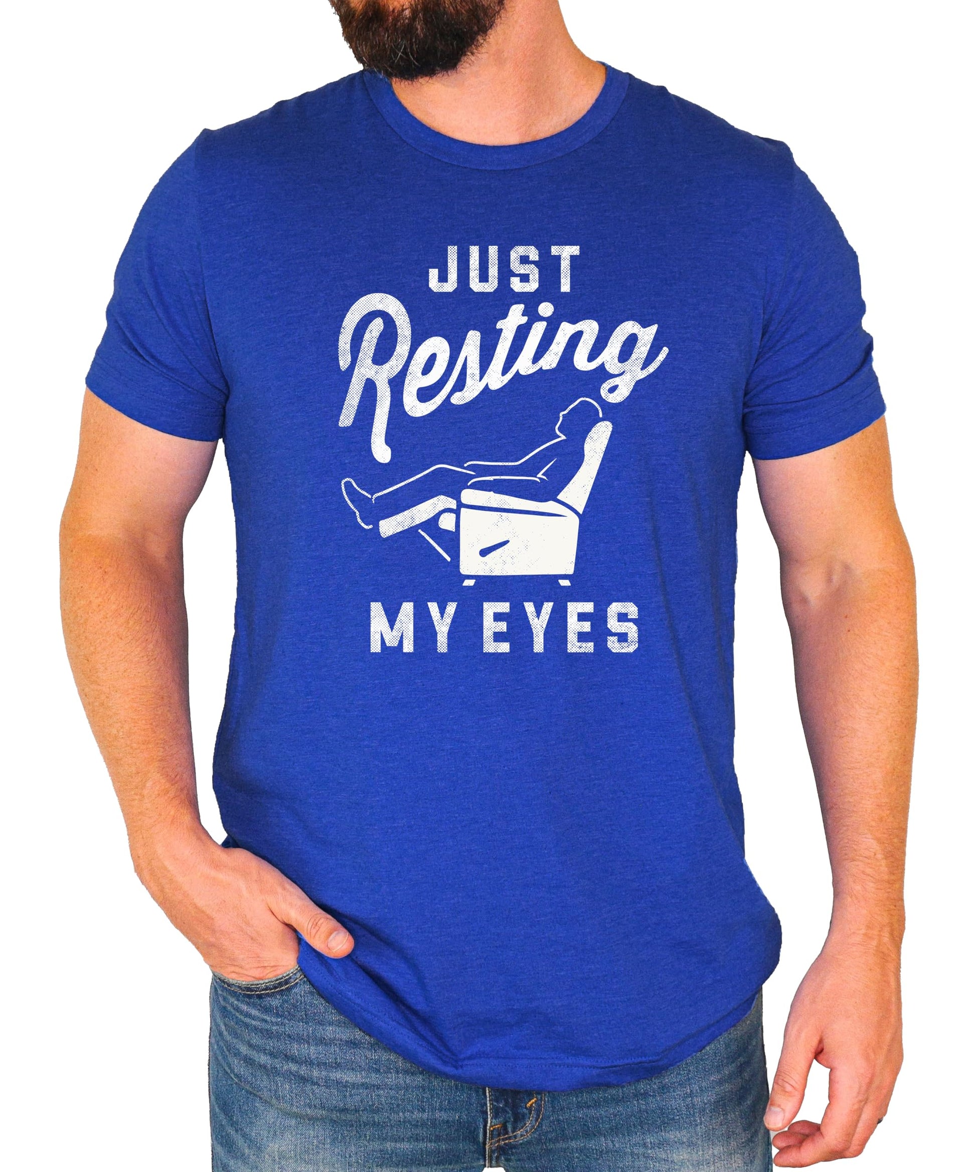 Detail shot of distressed vintage print quality on Just Resting My Eyes dad tee