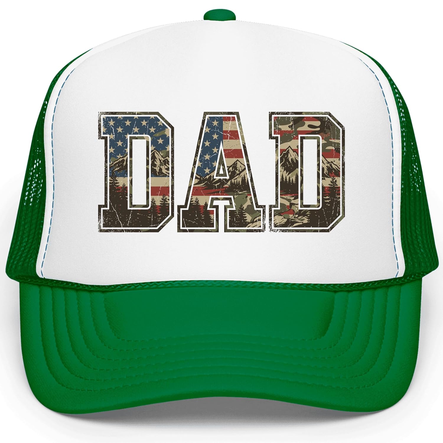 Side view of patriotic dad trucker hat showing American flag and mountain camo graphics with snapback closure