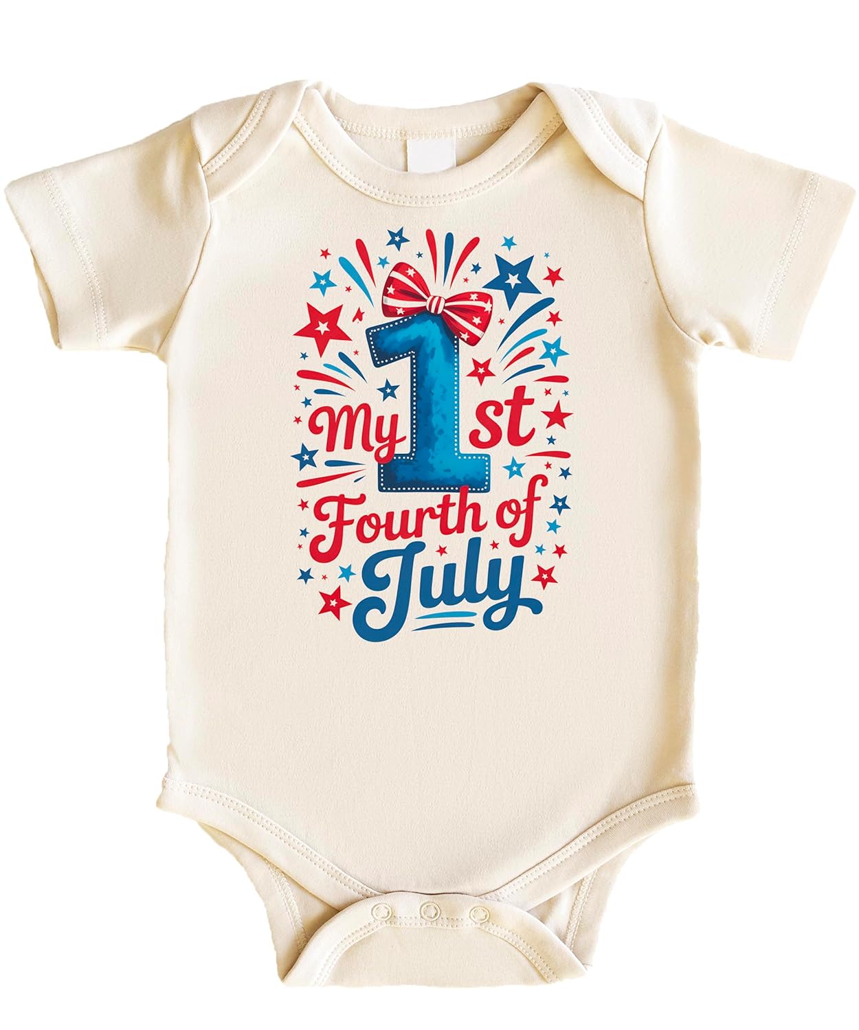 Close-up view of patriotic baby bodysuit showing detailed stars, stripes and hand-lettered script graphics