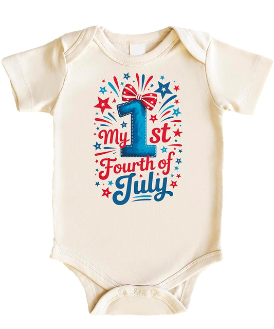 Close-up view of patriotic baby bodysuit showing detailed stars, stripes and hand-lettered script graphics